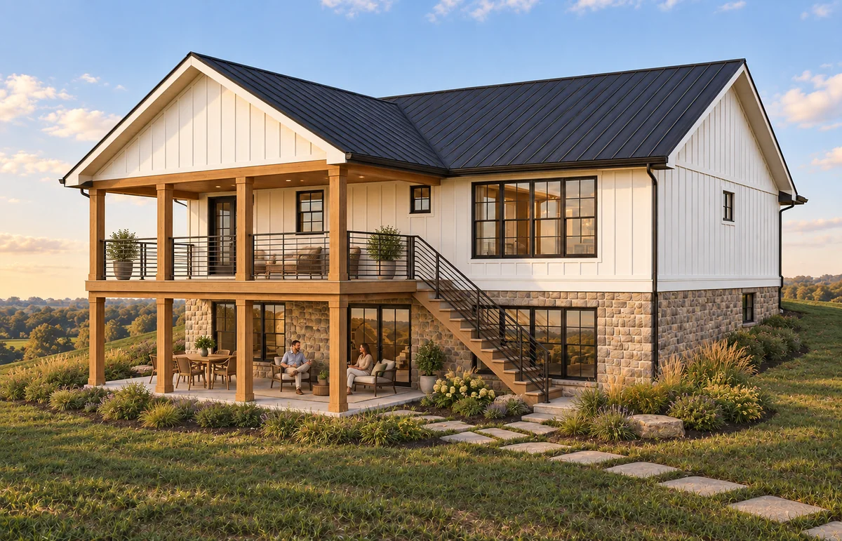 Concept rendering of the farmhouse rear with a covered upper deck, exterior stairs to the yard, stone walkout level, and covered patio.