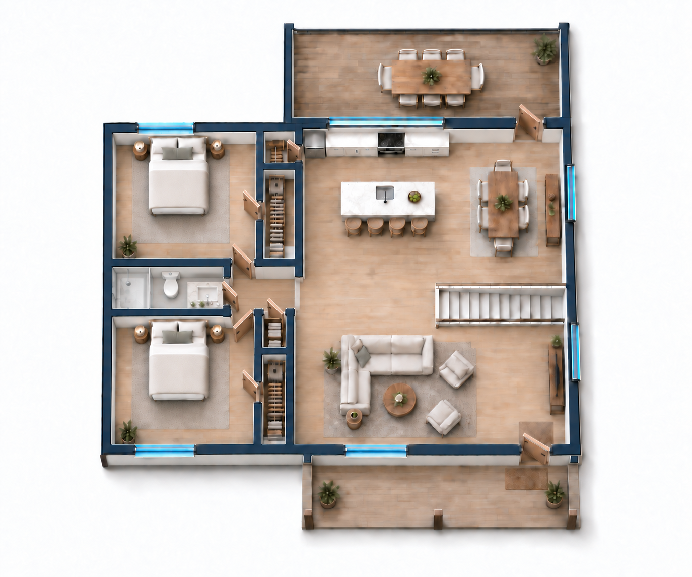 Illustrative furnished main-floor concept plan showing two bedroom spaces, a central living area, kitchen and dining, a covered rear deck, a covered front deck, and a stair toward a walkout level. It is not to scale and not for construction.