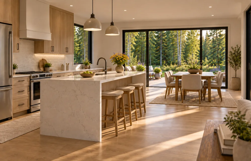 Illustrative kitchen and dining concept with restrained furnishings and warm timber.
